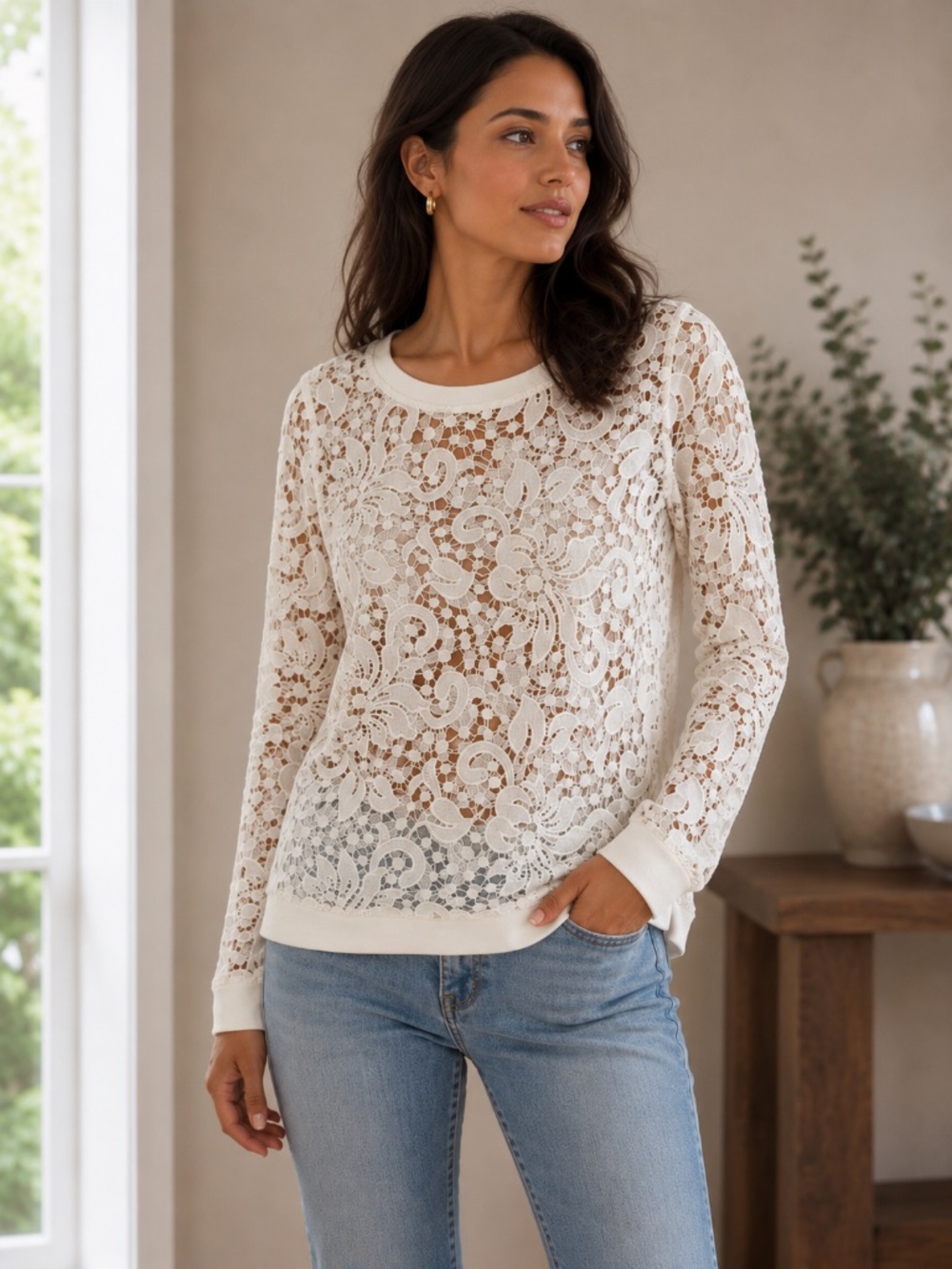 Nordstorm's White Ivory Lace top long sleeve top, Size Small